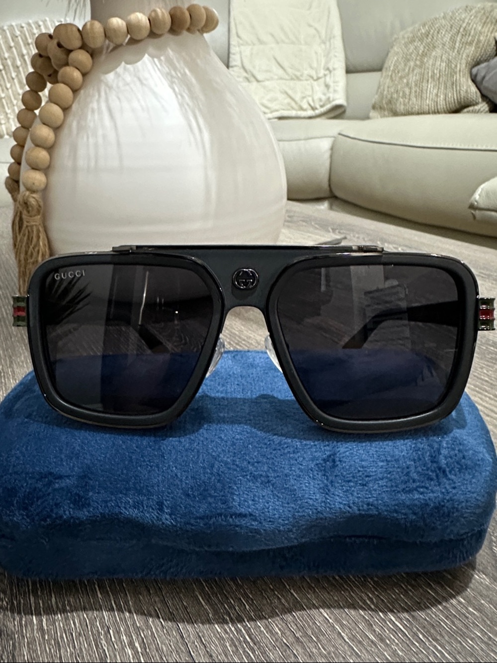Gucci Matte Black Square Aviator Sunglasses with Dark Lenses